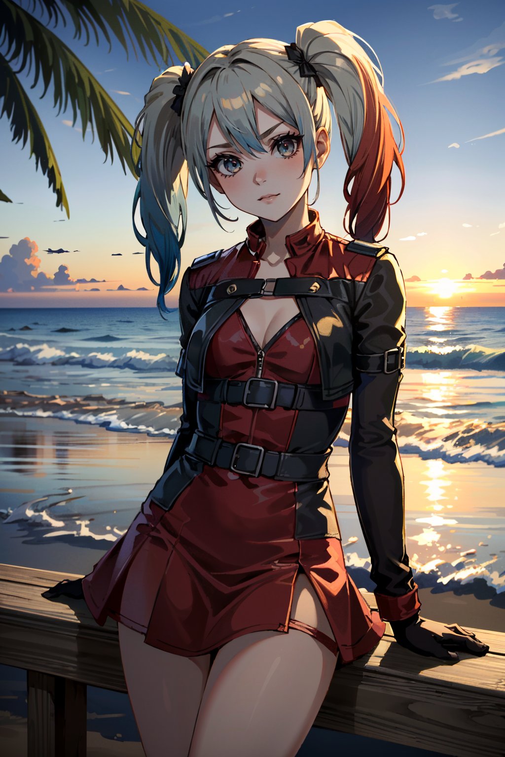 ((ultra detailed, masterpiece, absurdres)) <lora:I2HQuinn:0.8>I2HQuinn, 1girl, twintails, multicolored hair, blonde hair, at the beach, minidress, palm trees, sundown