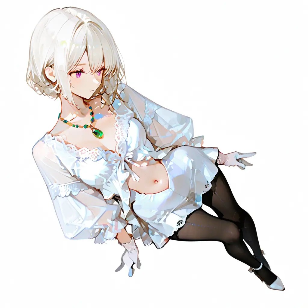 Black pantyhose,  white high heels,  white one-piece deep V-neck short dress by reprinter on Tensor.Art