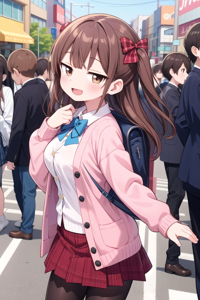 insanely detailed, absurdres, ultra-highres, ultra-detailed, best quality,1girl, solo, nice hands, perfect handsBREAK(School Uniforms:1.2), (pink cardigan is fit body:1.4), ((do up a buttons, not loose):1.5), ((long sleeve, sleeves past wrists):1.2), (inner wear is white collared-shirt:1.3), (red plaid-pattern bow:1.3), (red plaid-pattern pleated skirt:1.3), ((dark-brown pantyhose, loafers):1.2)BREAKhappy smile, laugh, open mouth, standing,from side,cute pose, cowboy shotBREAKslender, kawaii, perfect symmetrical face, ultra cute girl, ultra cute face, ultra detailed eyes, ultra detailed hair, ultra cute, ultra beautifulBREAKin harajuku, shibuya, tokyo, street, crowd, cityscapeBREAKmedium large breasts,(brown hair, brown eyes), hime cut