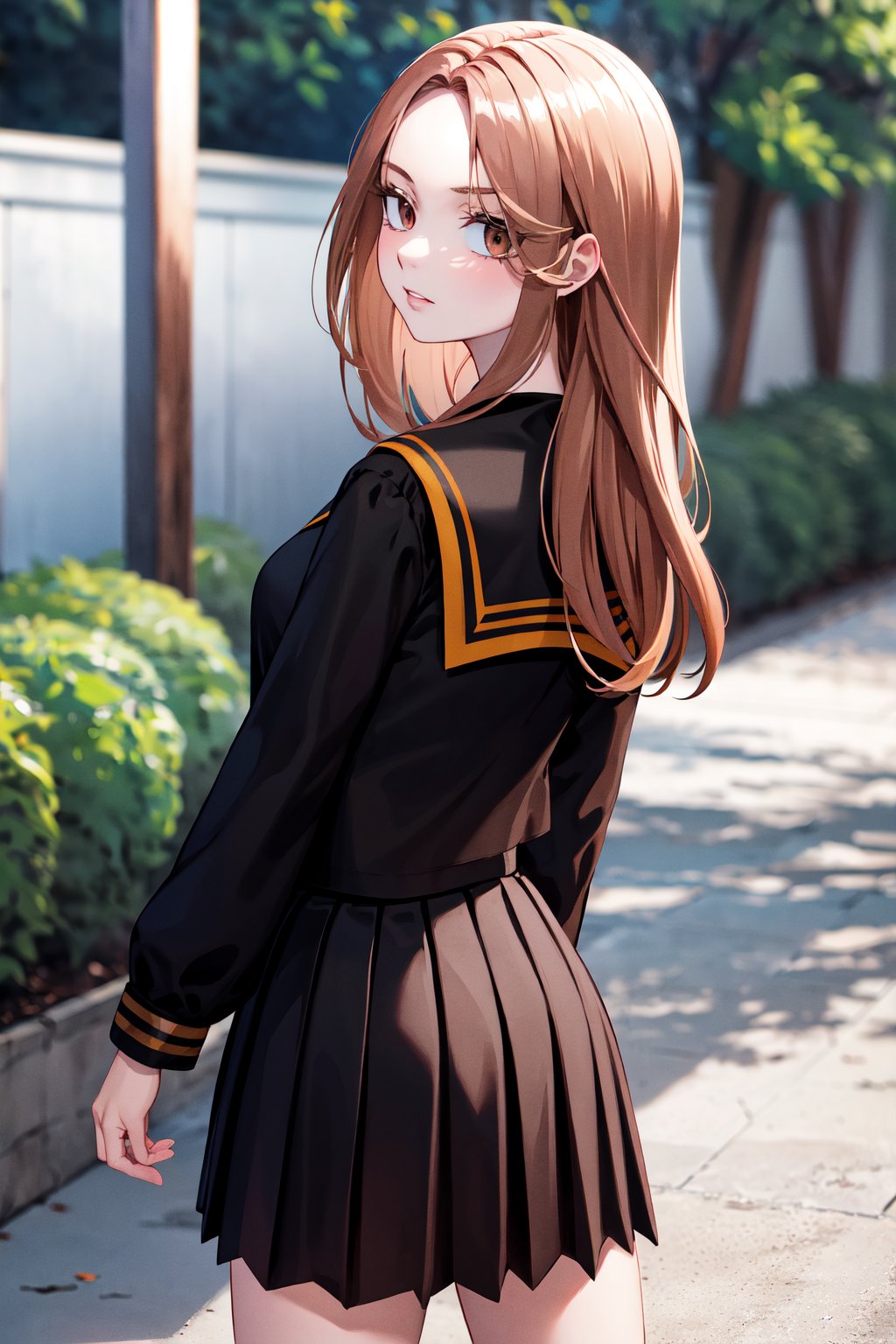 masterpiece, best quality, highres, 1girl, solo, long hair, brown hair, brown eyes, school uniform, black serafuku, black sailor collar, (black shirt:1.2), long sleeves, pleated skirt, black skirt, <lora:shiba_yuzuha_v1:0.7>, standing, cowboy shot, outdoors, from behind, looking back