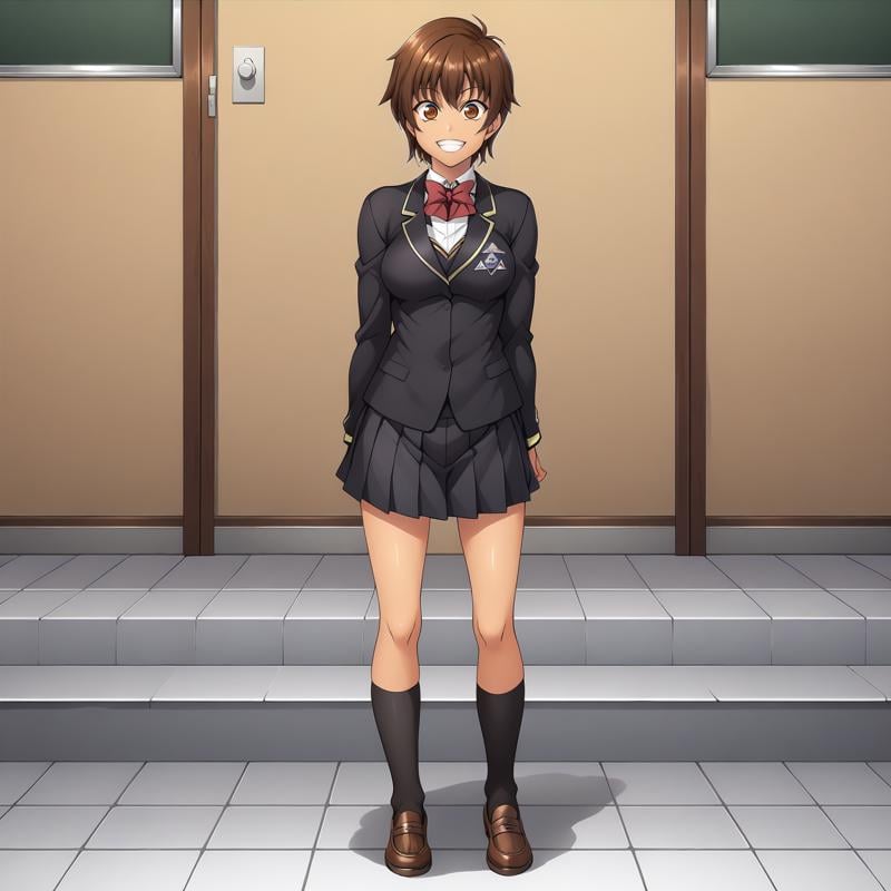 <lora:NagisaFujimaXLpony001>,grin,solo,NagisaFujima,1girl,brown hair,short hair,brown eyes,tan,school_uniform,black blazer,red bowtie,pleated_skirt,black skirt,black socks,full body,standing,