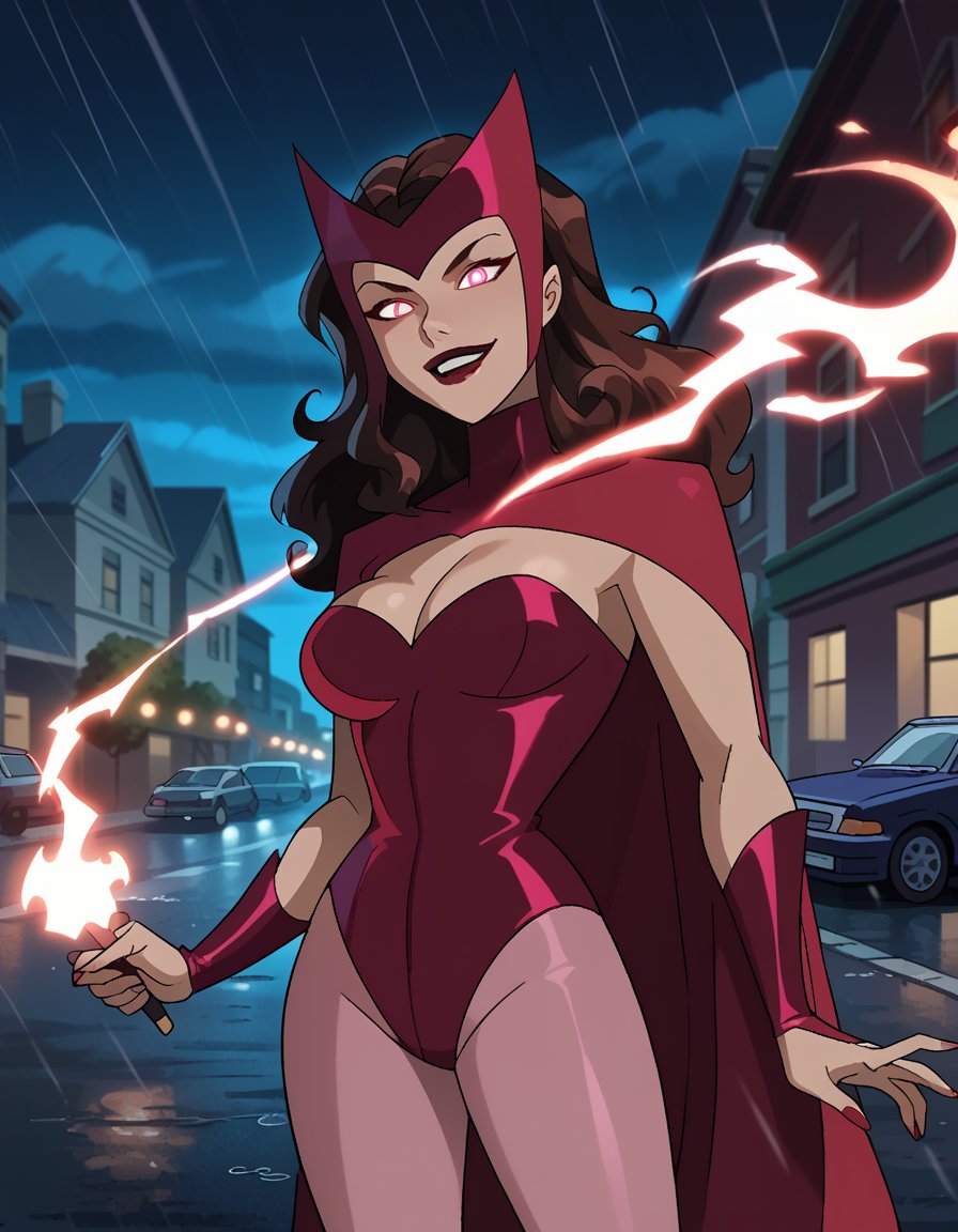 score_9, score_8_up, score_7_up, dcaustyle, 1girl, solo, scarlet witch, glowing eyes, eye trail, curly hair, smirk, black lips, magic, red energy flowing from her hands, embers, red headdress, cape, large breasts, cleavage, leotard, pink pantyhose, rain, wet, street, car, night, dark, lightning, contrapposto