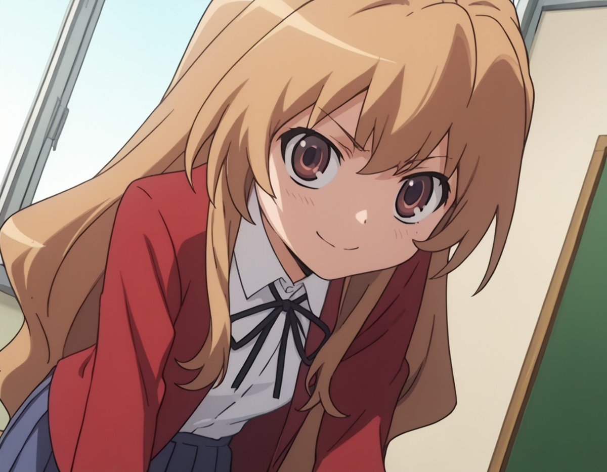 score_9, score_8_up, score_7_up, source_anime,taigaaisaka, <lora:taiga-aisaka-s1-ponyxl-lora-nochekaiser:1>,taiga aisaka, long hair, brown hair, brown eyes,school uniform, oohashi high school uniform, jacket, red jacket, long sleeves, shirt, white shirt, collared shirt, ribbon, skirt, pleated skirt,indoors, classroom, bent over, smile,looking at viewer, solo, cowboy shot, dutch angle,