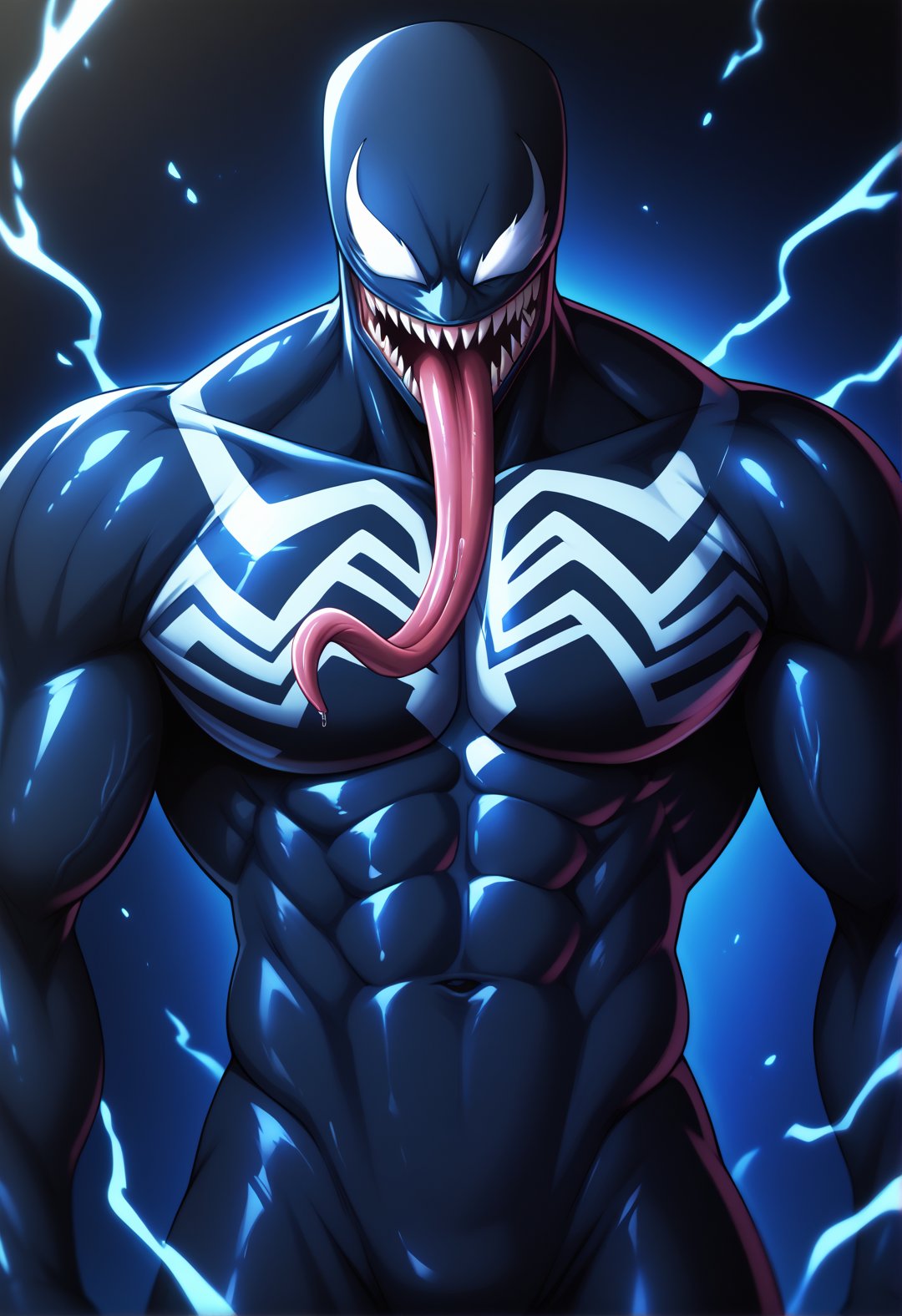 score_9, score_8_up, score_7_up, BREAK source_anime, venom (marvel), tongue out, long tongue, black skin, muscular, abs, (top hat:1.1), hat, black background, neon light, reflections, chromatic abberation, cowboy shot