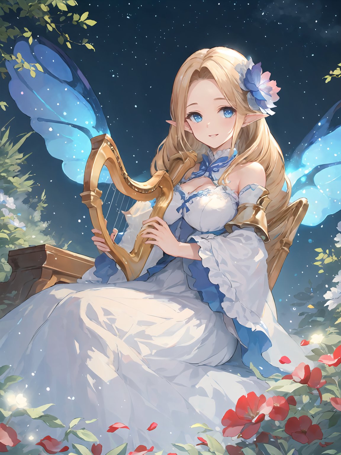 masterpiece,best quality,highres,cinematic lighting,dramatic angle,1girl,blonde hair,drill hair, white dress,parted bangs,cleavage,looking at viewer,pointy ears,blue eyes,bare shoulders,wings,frills,parted lips,petal,grass,smile,<lora:ShadowverseBrilliantFairyV1-000021:0.8:lbw=1,0.1,0.1,0.1,0.8,0.8,0.1,0.1,0.1,1,1,1,1,1,1,1,1>,detached collar,hair flower,depth of field,detached sleeves,straight-on,head tilt,close-up,night,dark sky,(holding harp,playing instrument,playing harb,floating glowing musical note:1.3),sitting on chair,woods,starry sky,from below