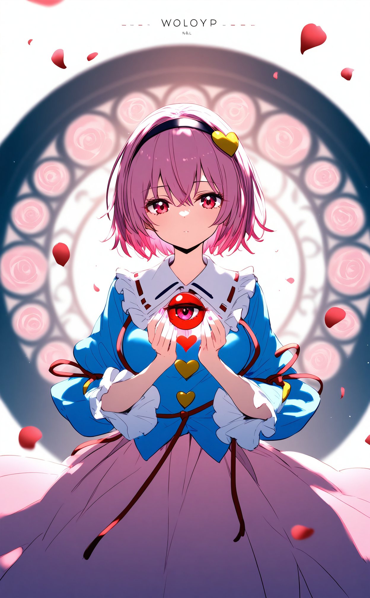 masterpiece,best quality,high quality,nai3 Style,1girl,komeiji satori,solo,hairband,heart,shirt,blue shirt,third eye,black hairband,skirt,wide sleeves,short hair,long sleeves,pink skirt,frills,frilled shirt collar,petals,heart hair ornament,pink hair,hair between eyes,rose,frilled sleeves,rose petals,stained glass,looking at viewer,pink eyes,flower,hair ornament,breasts,pink rose,pink flower,ribbon-trimmed collar,medium breasts,blouse,cowboy shot,red eyes,buttons,closed mouth,heart button,character name,eyeball,hands up,red rose,ribbon trim,blurry,expressionless,pink nails,