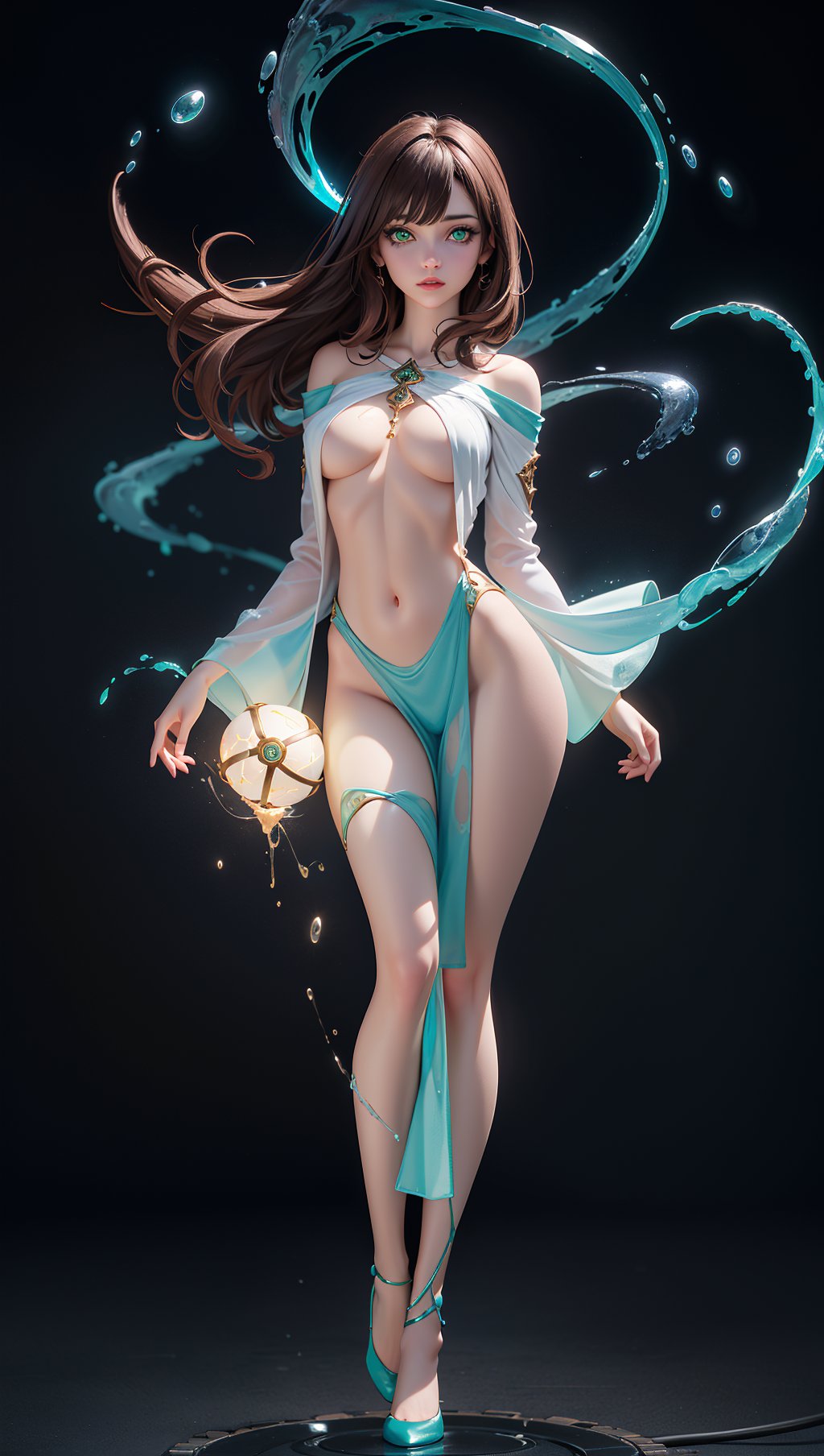 Detailed background,(dungeon with spirits flying about),particles,(style-swirlmagic:0.9),floating particles,glowing orb,masterpiece,(realistic, photo-realistic:1.37),22 year old woman,brown flowing hair,(green glowing eyes),beautiful face,perfect illumination,looking at viewer,(wearing sorcerer robes)(body illumination:1.5),((full body shot, standing)),