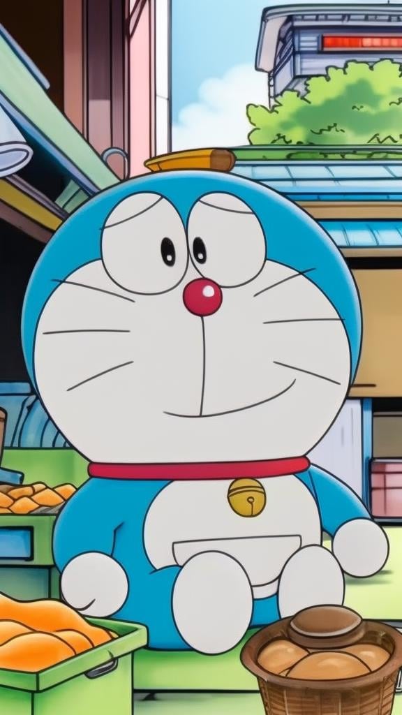 masterpiece,best quality,doraemon,<lora:doraemon-7:1>,1boy,city,market stall,rim light,metallic luster,in spring,close-up,