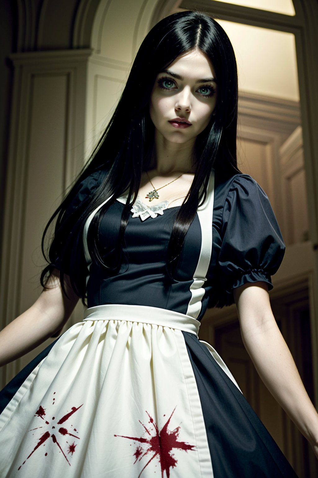 ((ultra detailed, masterpiece, best quality))<lora:AliceMadness:0.8>AliceMadness, 1girl, solo, long hair, black hair, green eyes, blue dress, white apron, blood, horror \(theme\)