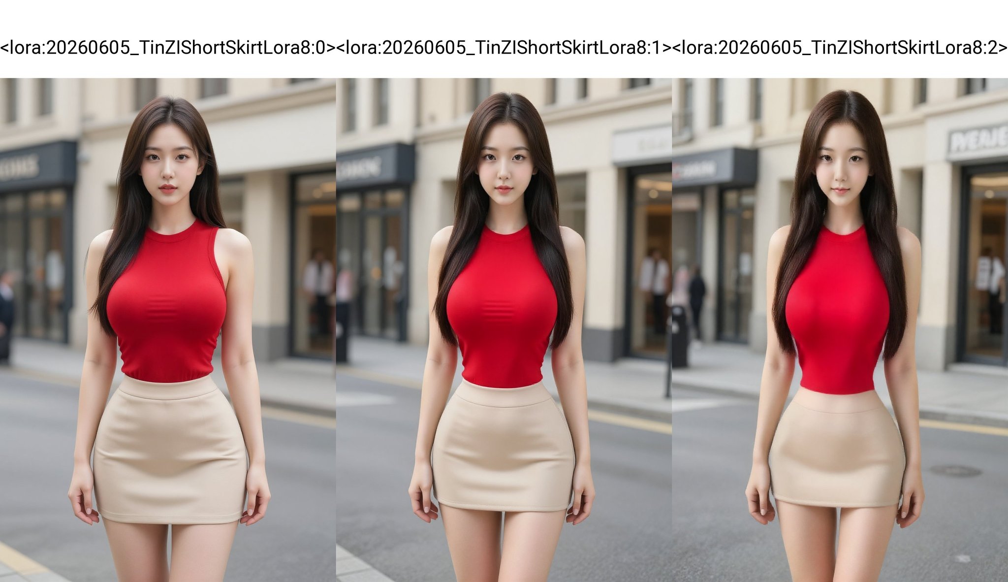 ultra mini short skirt,  A photograph of a young Asian woman with fair skin and long,  straight dark brown hair. She has a...