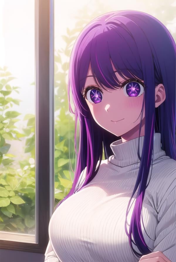 aihoshino, <lora:ai hoshino s1-lora-nochekaiser:1>,ai hoshino, long hair, bangs, (purple eyes:1.1), purple hair, (symbol-shaped pupils:1.5), smile,BREAK long sleeves, sweater, ribbed sweater, camisole, white camisole,BREAK indoors,BREAK looking at viewer, (cowboy shot:1.5),BREAK <lyco:GoodHands-beta2:1>, (masterpiece:1.2), best quality, high resolution, unity 8k wallpaper, (illustration:0.8), (beautiful detailed eyes:1.6), extremely detailed face, perfect lighting, extremely detailed CG, (perfect hands, perfect anatomy),