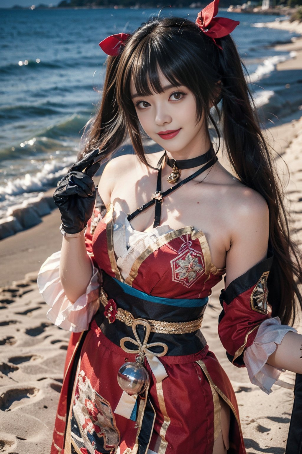 best quality, masterpiece, realistic, photorealistic, 1girl, solo, looking at viewer, smile, long black hair, bangs, standing, cowboy shot, sparkle cosplay costume, cosplay, twintails, dress, detached sleeves, bell, single glove, hair ornament, bare shoulders, fox mask, holding mask, outdoors,sunset,beach,ocean,water,blue sky