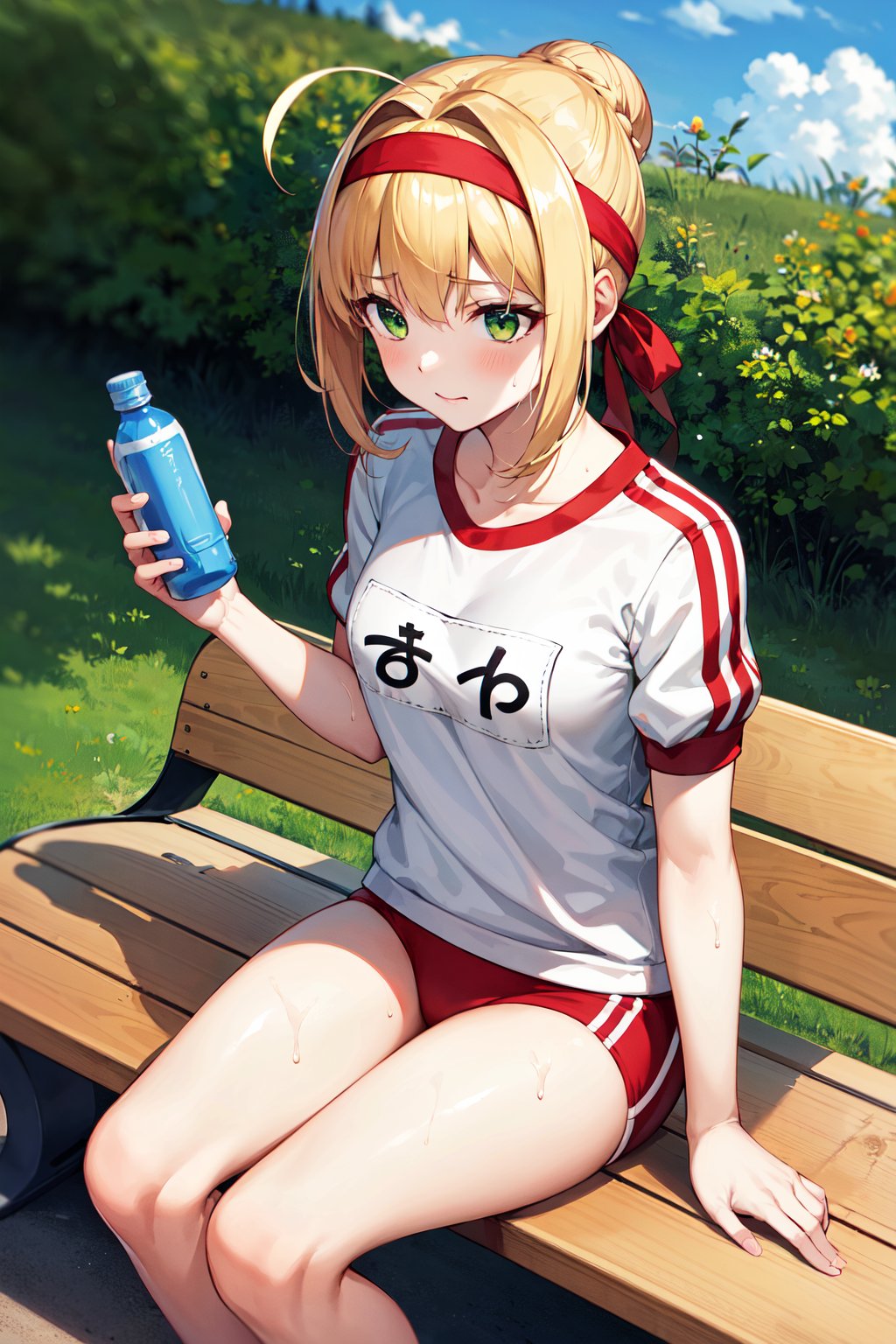 masterpiece, best quality, highres, aanero, ahoge, braid, single hair bun, red headband, green eyes, medium breasts, collarbone, gym uniform, white shirt, short sleeves, name tag, (red buruma:1.2), bare legs, <lora:nero_claudius_(fate)_v1:0.7>, sitting, bench, (sweat:1.1), holding bottle, outdoors