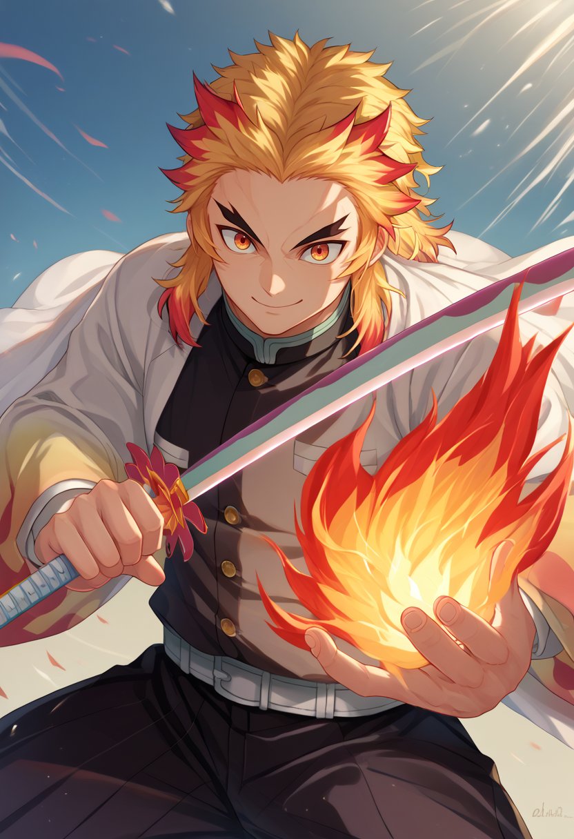 score_9, score_8_up, score_7_up, source_anime, fire, katanaonehand, holding katana, holding weapon, solo, male focus, 1boy, smile, fighting stance, [:, rengoku kyojuro, looking at viewer, forked eyebrows, demon slayer uniform, black jacket, long sleeves, white cape, black pants, belt <lora:demonslayer_rengoku_ponyXL:0.8>:10] <lora:UBW_XLPD:1>