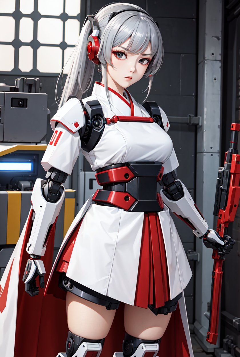 best quality, high_resolution, distinct_image, detailed background ,hanbok,fused robot,girl,holding weapon,mecha musume:0.5, in factory,exoskeleton, 