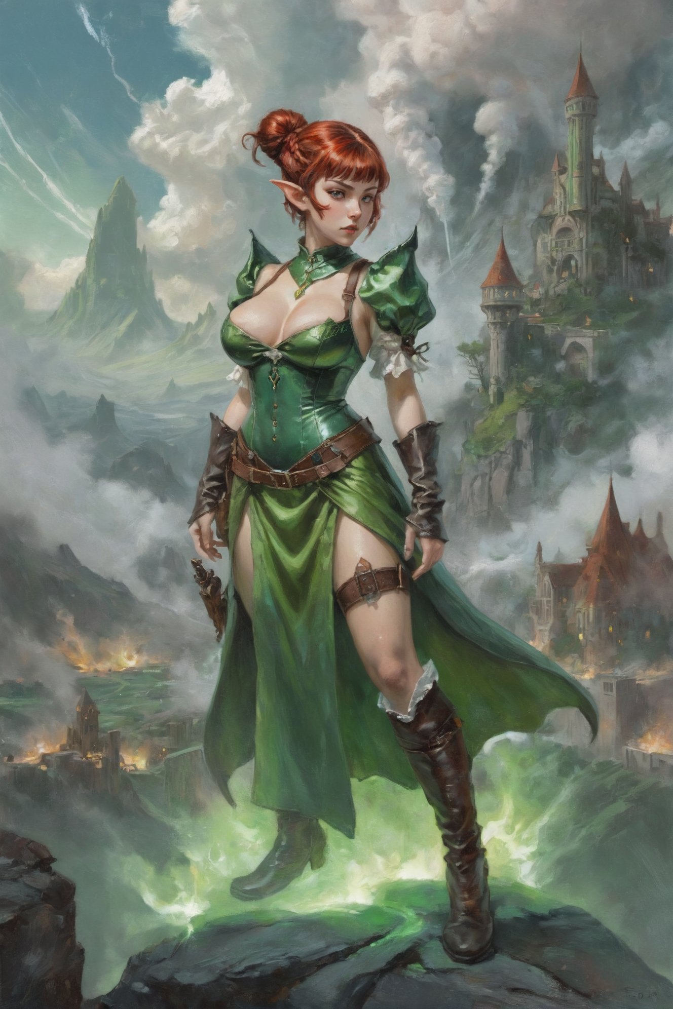 digital art, weapons manufacturing facility in a mysterious fantasy cloud topia beyond the end of time, masterpiece, 1girl, woman, warlock, elf, shiny color:mediumspringgreen metal hair with green highlights, bob cut, (full body:0), [:creative costume design:0.2], bombshell hair, auburn hair with red highlights, Milkmaid Braid, chubby, narrow waist, large breasts, caucasian