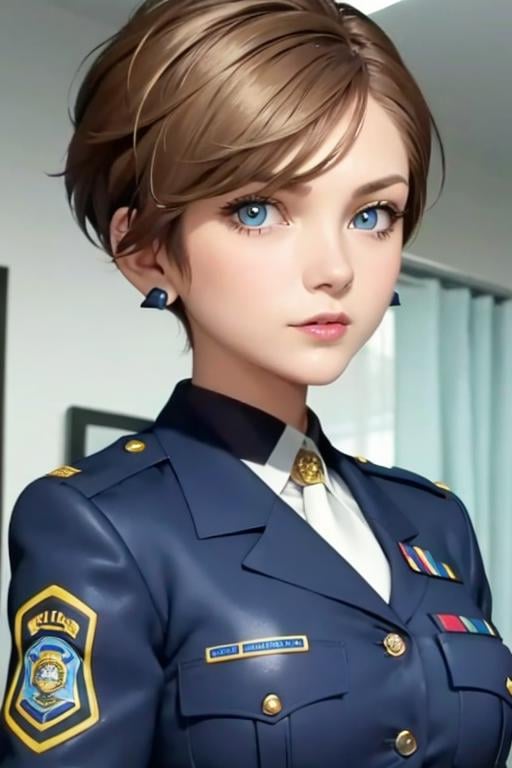 1girl, sxtopaz, short hair, brown hair, blue eyes, earrings, lipstick, police uniform, portait<lora:topaz-officer-v1:0.65>