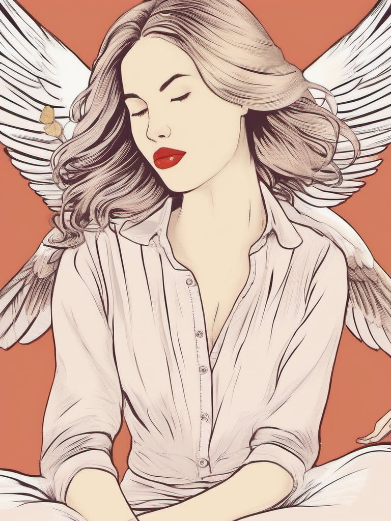 1NK , <lora:1NK:1>, illustration of a young woman with long blonde hair and red lipstick, sitting on the ground with two white doves flying around her. She is wearing a red blouse and has a serious expression on her face. The background is a light peach color with a floral pattern. The doves are flying in different directions, with their wings spread wide and their heads tilted upwards. The overall style of the illustration is whimsical and dreamlike.