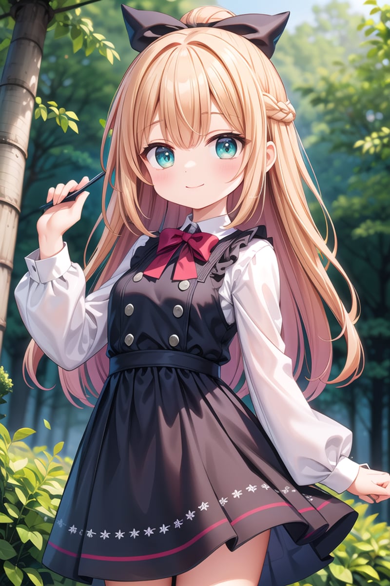 insanely detailed, absurdres, ultra-highres, ultra-detailed, best quality,1girl, solo, nice hands, perfect handsBREAKjirai kei,plaid skirt, shirt, long sleeves, bow, blue skirt, white shoulder frilly shirt, outdoors, blue bow, long hair, (cleavage:-1.5)BREAKhappy smile, laugh, closed mouthBREAKstanding, cowboy shot, looking at viewerBREAKslender, kawaii, perfect symmetrical face, ultra cute girl, ultra cute face, ultra detailed eyes, ultra detailed hair, ultra cute, ultra beautifulBREAKin forest, depth of field, ultra detailed backgroundBREAKmedium large breastsBREAKorange hair, green eyes, topknot,