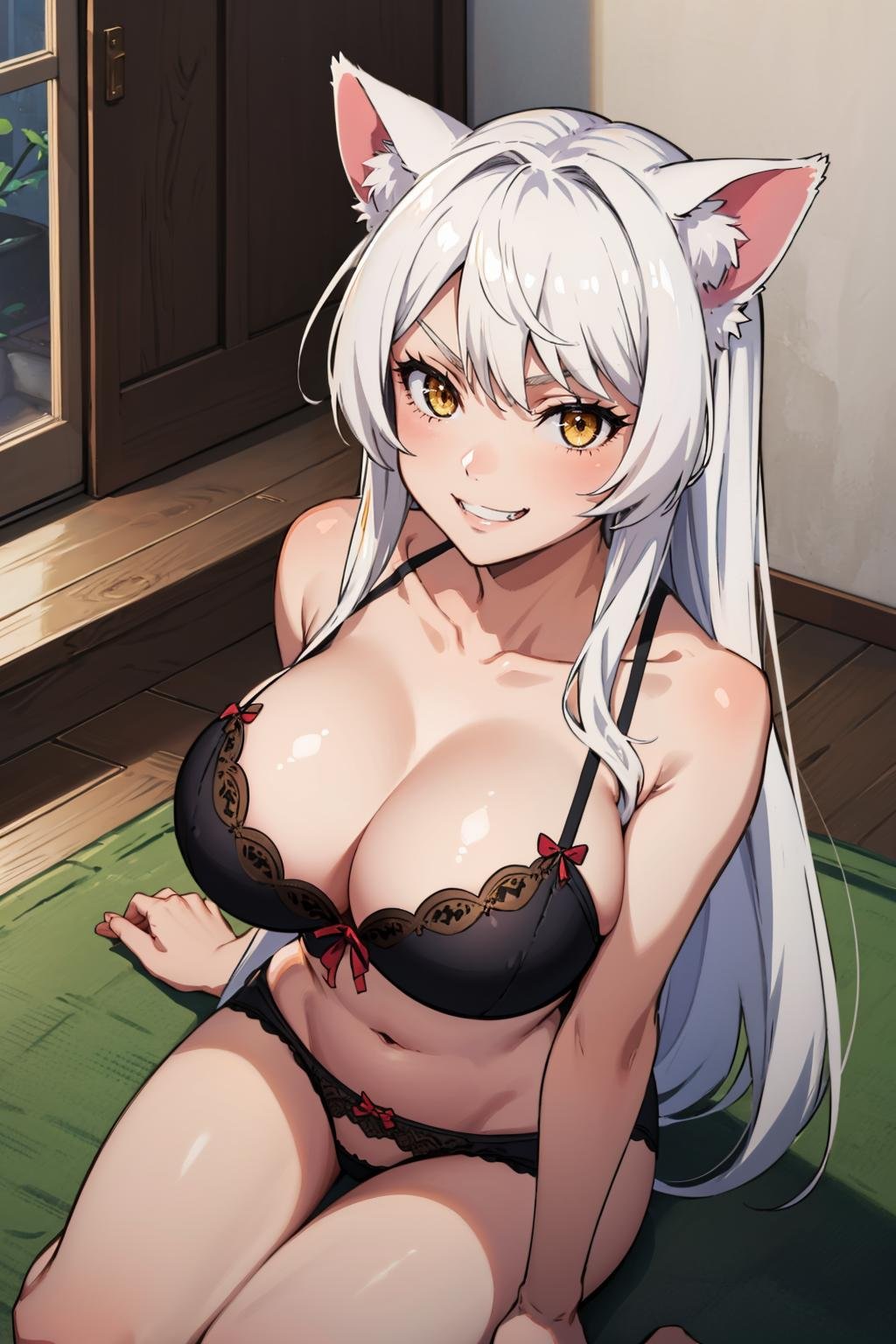 masterpiece, best quality, <lora:blkhanekawa-nvwls-v1-000009:0.9> blkhanekawa, very long hair, cat ears, slit pupils, large breasts, black bra, black panties, seiza, from above, furrowed brow, grin, fangs, living room