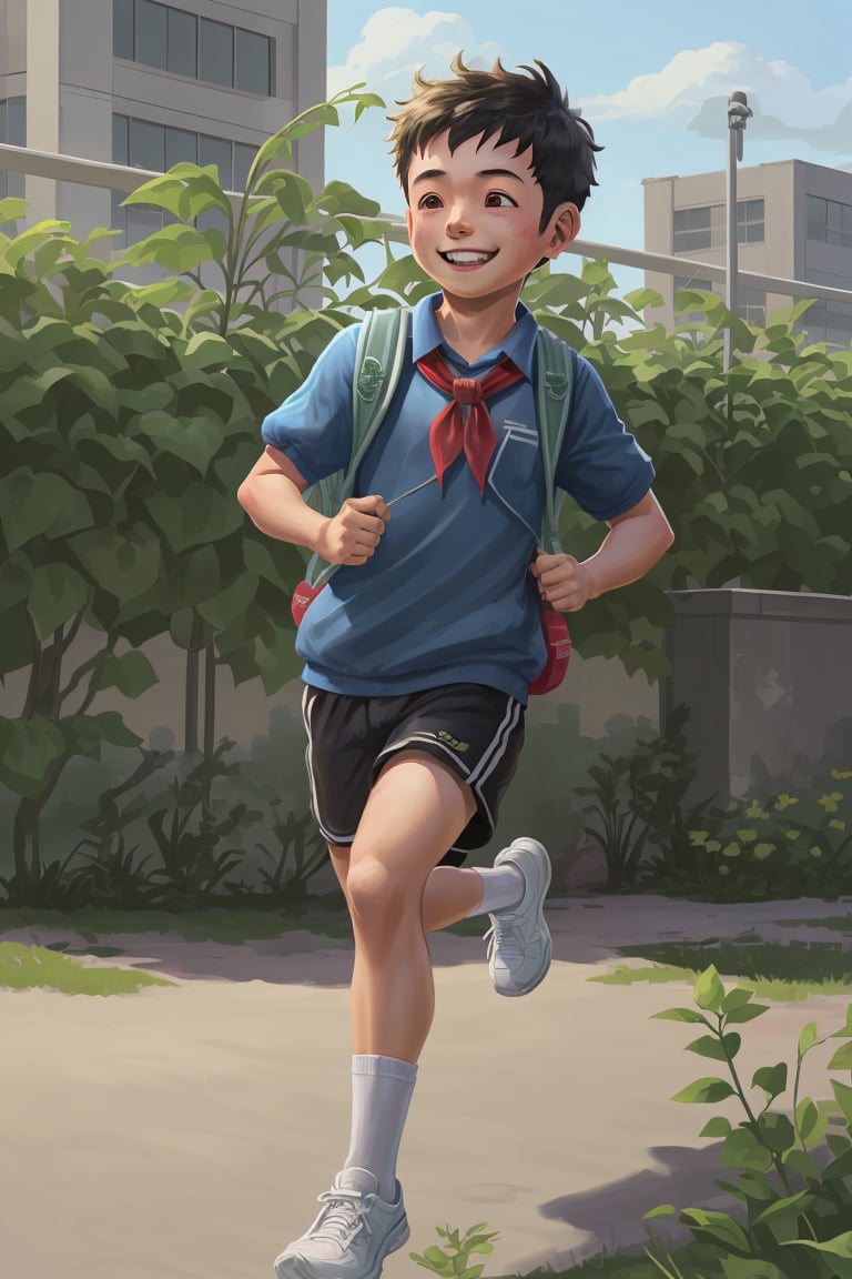 <lora:80HOU-V2-000005:0.7>,80niandai,1boy,solo,red_neckerchief,gym_uniform,outdoor,plant,backpack,running,kind_smile,