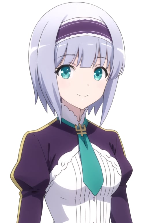 solo, 1girl, looking at viewer, 2D, anime, anime coloring, upper body, (simple background, solid white background:1.3),  <lora:linze-isekaismartphone:0.8>, linze silhoueska, necktie, puffy sleeves, smile