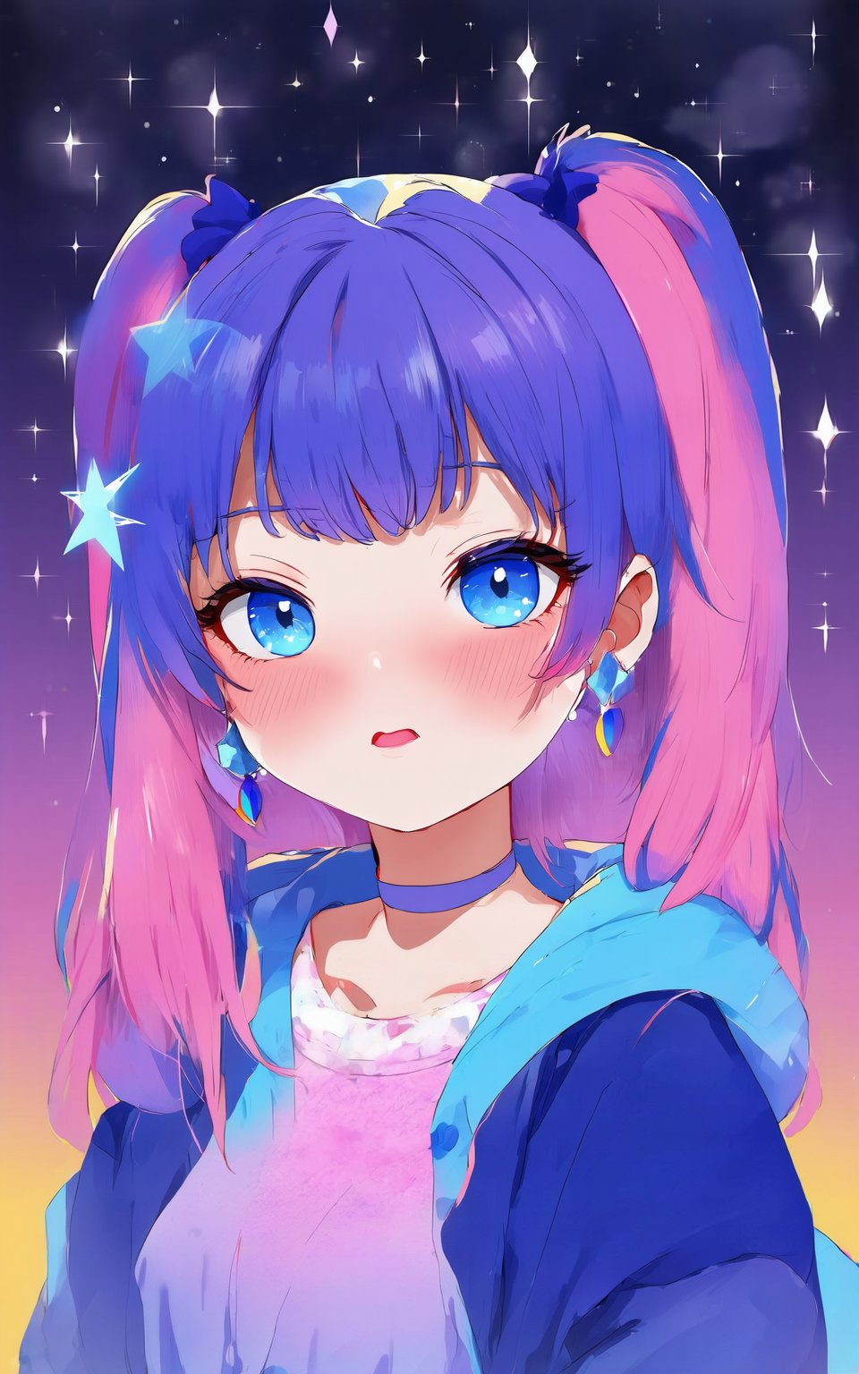 anime style, 1girl,looking at viewer,bangs,blue eyes,hair ornament,twintails,jewelry,closed mouth,blue hair,jacket,upper body,pink hair,purple hair,ahoge,multicolored hair,earrings,star (symbol),gradient,gradient background,blush stickers,piercing,cross,ear piercing,star (sky),starry sky,star hair ornament