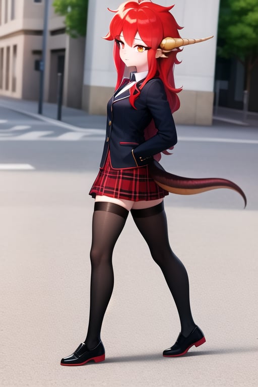 from side, walk mink_\(dragon_half\) wearing black school uniform, full body shot, medium chest, sleepy expression, <lora:mink-000009:1>, scene is city sidewalk, looking away, red hair, realistic anatomy, vibrant colors, masterpiece, best quality