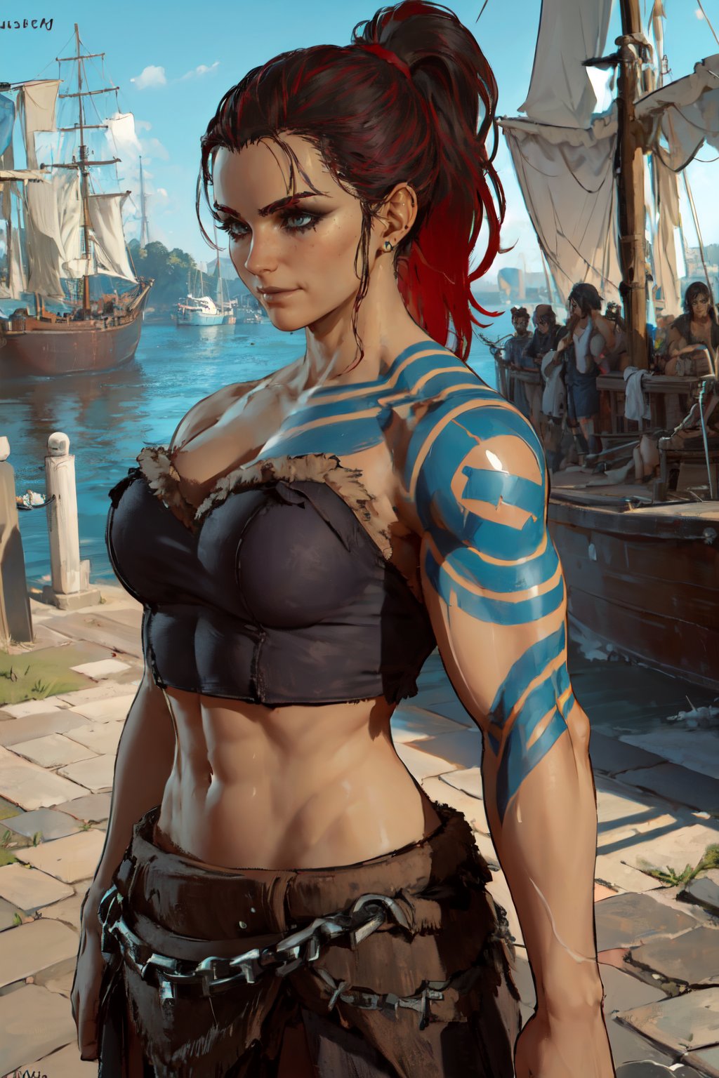 (((upper body, sunny, ancient harbour background, old sailships)))<lora:D4FemBarbLoRA:0.7>fembarbarian, ponytail, tattoos, skirt, chains, top, shoes,beautiful eyes, beautiful girl, high detail skin, high detail eyes, high detail hair, highres, ultra detailed, sharpen picture, Highly detailed, masterpiece, best quality, photorealistic, smile