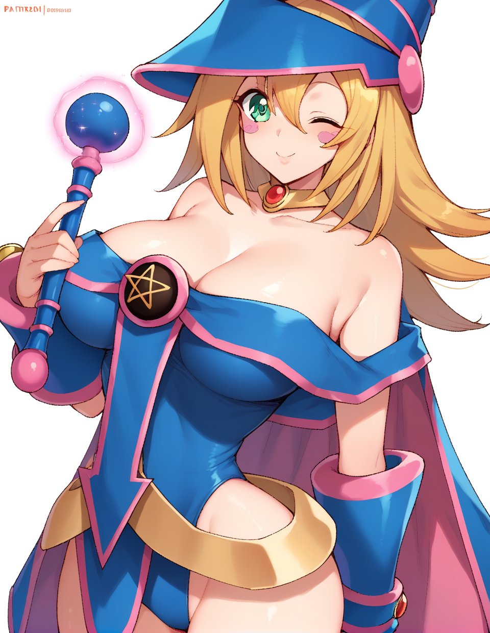 score_9,score_8_up,score_7_up,score_6_up,score_5_up,score_4_up,1girl,<lora:darkmagiciangirl_pony:1>,darkmagiciangirl,duel monster,hat,blush stickers,wizard hat,long hair,hair between eyes,solo,breasts,cleavage,bare shoulders,looking at viewer,magic wand,leotard,skirt,cape,