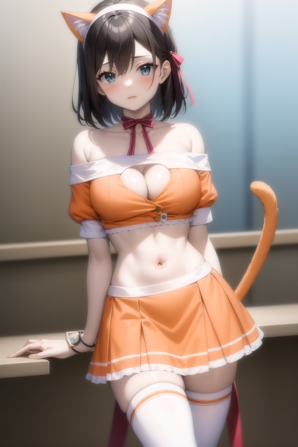 Highly detailed, High Quality, masterpiece, beautiful,BREAK 1girl, Focus solo, (young woman), (16 old), BREAK Uniform Radish, skirt, thighhighs, animal ears, tail, midriff, cat ears, (cat tail), waitress, cleavage, clothing cutout, cleavage cutout, ribbon, red ribbon, dress, (orange dress:1.2), thighhighs, miniskirt, wrist_cuff,BREAK looking_at_viewer, front_view, (Focus breasts:1.3), motion blur<lora:EMS-434643-EMS:0.800000>, <lora:EMS-327022-EMS:0.300000>