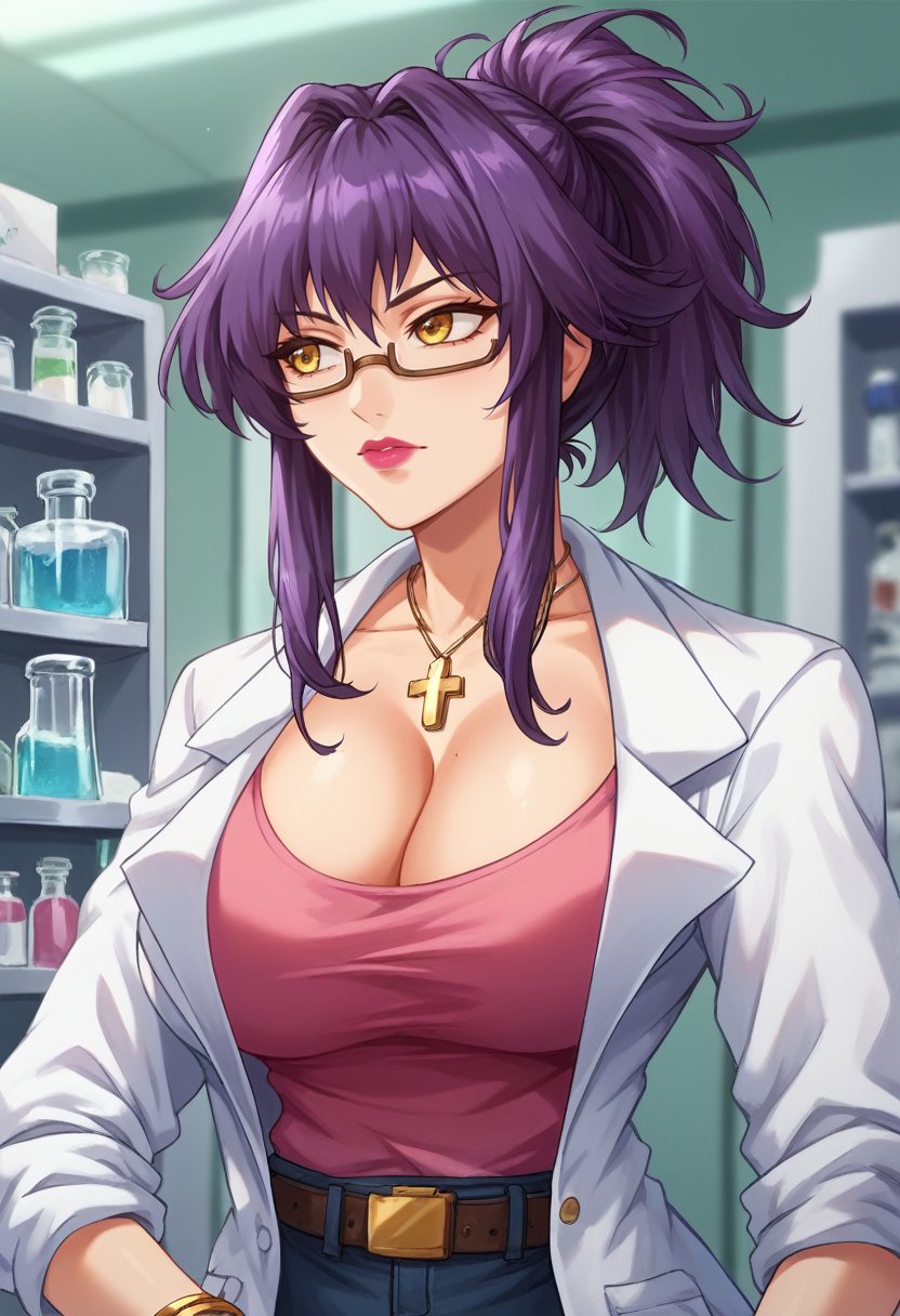 <lora:Oppai_No_Ouja_48__Miyu_Takashima_PONY:1> miyutakashima, long hair, purple hair, ponytail, yellow eyes, pink lips, large breasts,  brown-framed eyewear,  eyewear, white lab coat, necklace, cross necklace, cleavage, pink shirt, denim, belt, bracelet, (looking away),(laboratory, test tube, upper body, portrait), score_9, score_8_up, score_7_up, score_6_up, 16k, masterpiece, absurdes, highly detailed, highres, high quality, best quality, detailed face