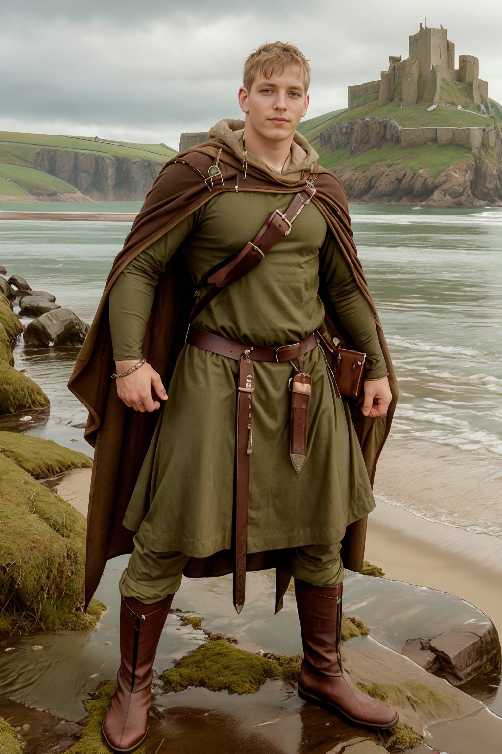 a beach,  Lindisfarne Castle on a hill in the background,  BrettStevens by txhorn75 on Tensor.Art