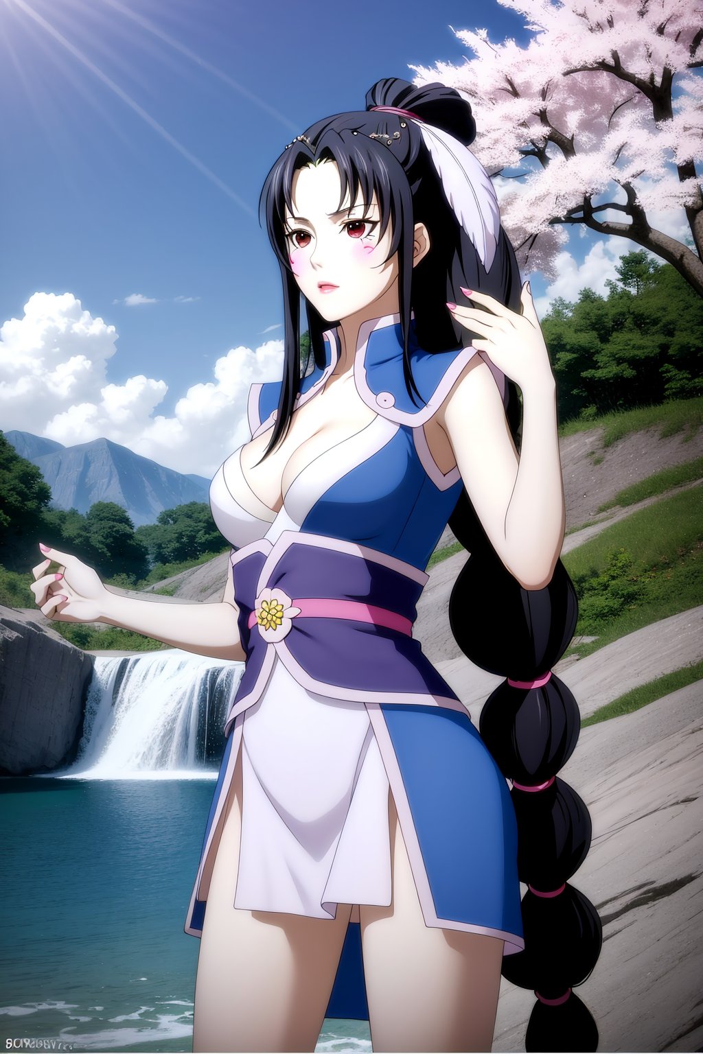 standing, dress, chinese clothes, looking at viewer, waterfall, (cherry blossoms), (milfeulle sakuraba),   sky,   cloud, day, blue sky, petals, water, stone,  loudy sky,  1girl, solo, black hair, long hair, forehead mark, facial mark, hair ornament, jewelry,white legwear, nail polish,photo_\(medium\), (breasts, medium_breasts, cleavage), makeup,(8k, RAW photo, best quality, masterpiece:1.2),(realistic, photorealistic:1.3),ultra-detailed,extremely detailed cg 8k wallpaper,(crystalstexture skin:1.2),extremely delicate and beautiful,