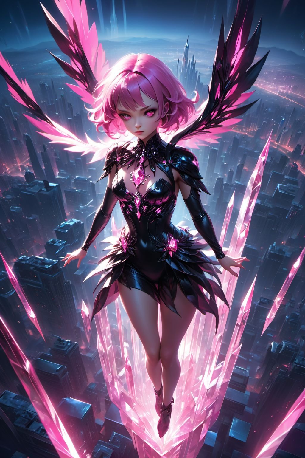 masterpiece,best quality,cinematic,dynamic lighting,aerial view,view of city),1girl flying in air,((full body)),beautiful cute crystal girl in 26 years old,wearing crystal wear,the crystal is evil,black and pink and red glowing crystal,crystal pink hair,the power is every wear,she is evil but cute,the crystal is evil and glowing black and pink and red colors,detailed evil eyes,she has a serious expression and her lips are closed glowing crystal wear,(incredible details, cinematic ultra wide angle, depth of failed, hyper detailed, insane details, hyper realistic, high resolution, cinematic lighting, soft lighting, incredible quality, dynamic shot, , Hair with scenery,,,