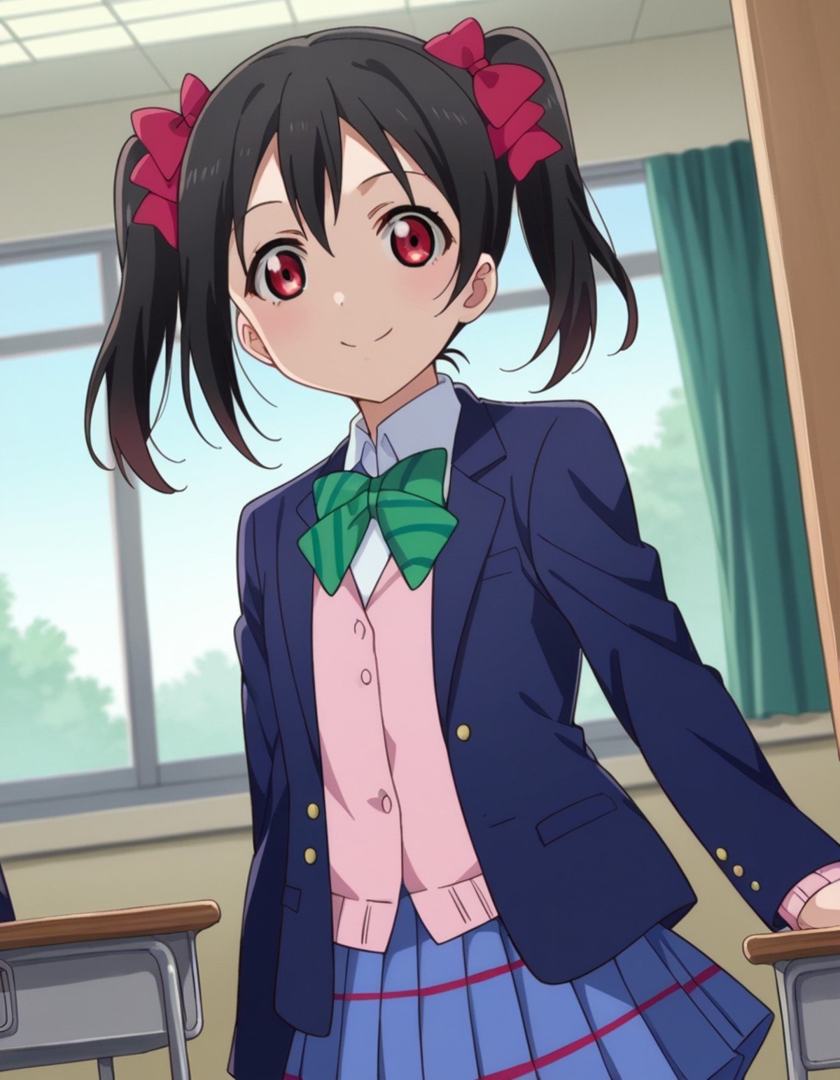 score_9, score_8_up, score_7_up, source_anime,nikoyazawa, <lora:nico-yazawa-s1-ponyxl-lora-nochekaiser:1>,niko yazawa, black hair, red eyes, bow, twintails, hair bow,skirt, school uniform, jacket, blazer, winter uniform, otonokizaka school uniform,indoors, classroom, smile,looking at viewer, cowboy shot, dutch angle,