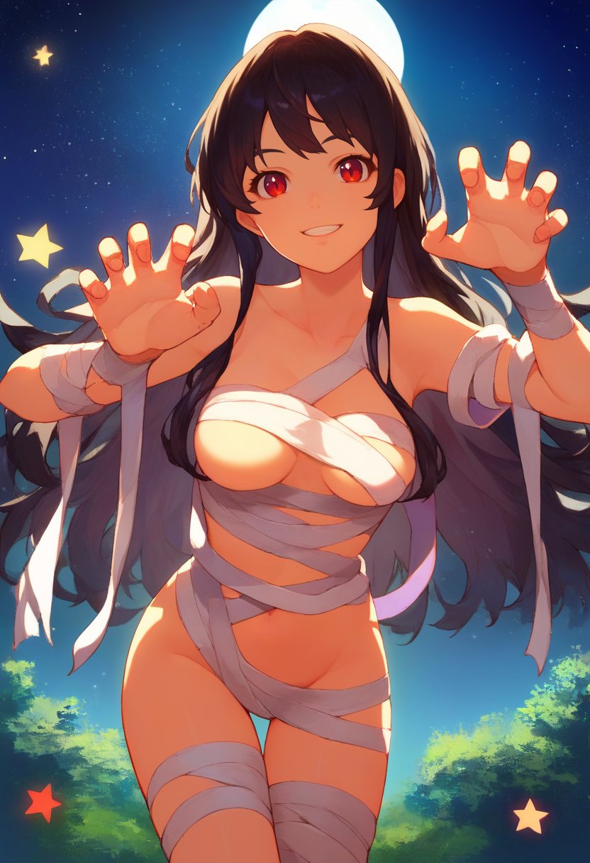 score_9, score_8_up, score_7_up, source_anime, solo, 1girl, smile, looking at viewer, claw pose, long hair, black hair, red eyes, naked bandage, night, star \(sky\), outdoors <lora:Smooth Anime Style LoRA XL:0.4> <lora:attire_nakedbandage_ponyXL-000005:1>