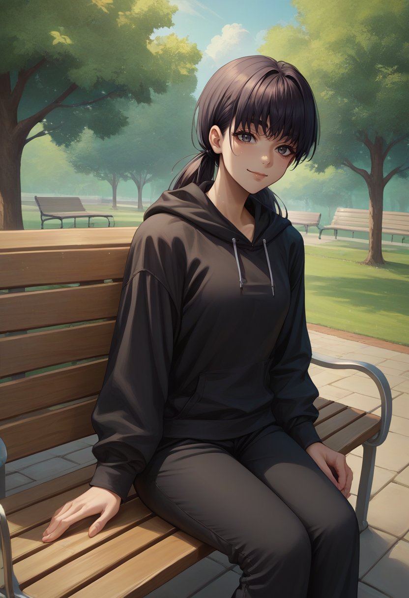 score_9, score_8_up, score_7_up, source_anime, solo, 1girl, mitaka asa, slight smile, looking at viewer, sitting, park bench, long hair, low twintails, black hoodie, black pants, outdoors <lora:csm_yoru_mitaka_ponyXL:1>