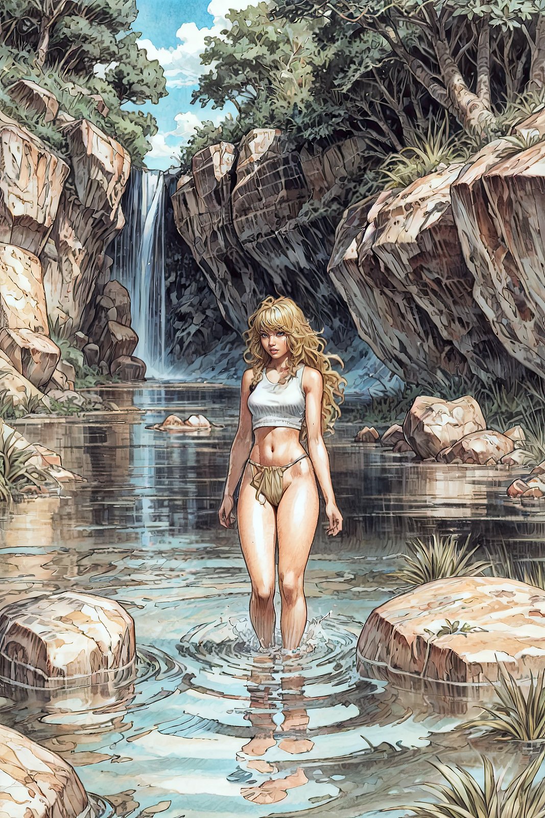 druuna style, 1girl, blonde hair, water, waterfall, long hair, cat tail, dark skin, outdoors, nature, barefoot, rock, grass, tree, standing, traditional media, crop top, river, bottomless, day, arms at sides, walking, plant, bare shoulders, tank top, full body, wading <lora:SD15_druuna_style:1>