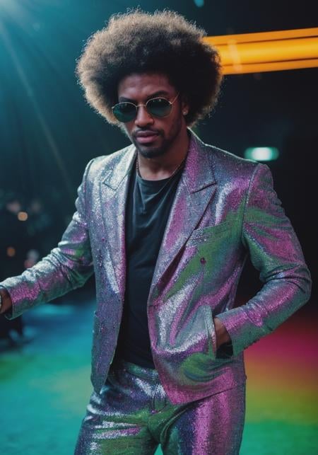 Male focused raw photo, upper body, disco, (80s, retro:1.1), dance floor, lasers, rainbow theme, a dancer man, 30 years old, sunglasses, big afro, (manly, wide jaw:1.2), dark skin, sparkly jacket, golden shirt, (vibrant colors:0.9), film grain, bokeh, fashion magazine, hdr, highly detailed photography, (muted colors, cinematic, dim colors, soothing tones:1.2), vibrant, insanely detailed, hyperdetailed, (dark shot:1.2), (vsco:0.3), (intricate details:0.9), (hdr, hyperdetailed:1.2), dancing, (smirk:0.7), disco pants, realistic, masterpiece, intricate details, detailed background, depth of field, dynamic pose, Ambient light, Bloom, Canon EOS R6, Nokton 70mm f1.1, [Strong shapes composition], Cinestill 800T, Vignette, award winning quality