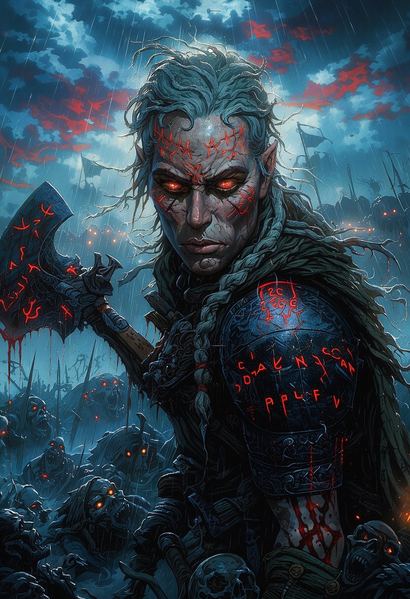 An epic oil painting of a dark gothic fantasy battle. In the heart of a rain-drenched battlefield,  amidst the chaos,  sta...