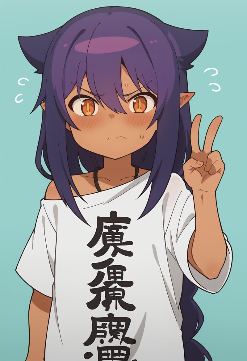 score_9, score_8_up, score_8, source_anime, 1girl, <lora:Jahy:0.85> , solo, chibi, dark skin, dark-skinned female, long hair, hair between eyes, purple hair, pointy ears, shirt, white shirt, clothes writing, oversized clothes, blush, embarrassed, v sign, looking at viewer,light blue background, simple background, 