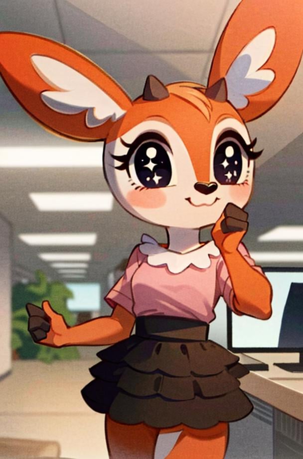 1girl, (anthro furry:1.2), TsunodaCzar, (big eyes:1.4, two-toned fur, orange fur, black eyes, deer ears, horns, snout), (pink blouse, black skirt), (interior, office), (masterpiece:1.2), hires, ultra-high resolution, 8K, high quality, (sharp focus:1.2), clean, crisp, cinematic, <lora:Tsunoda-10:1>