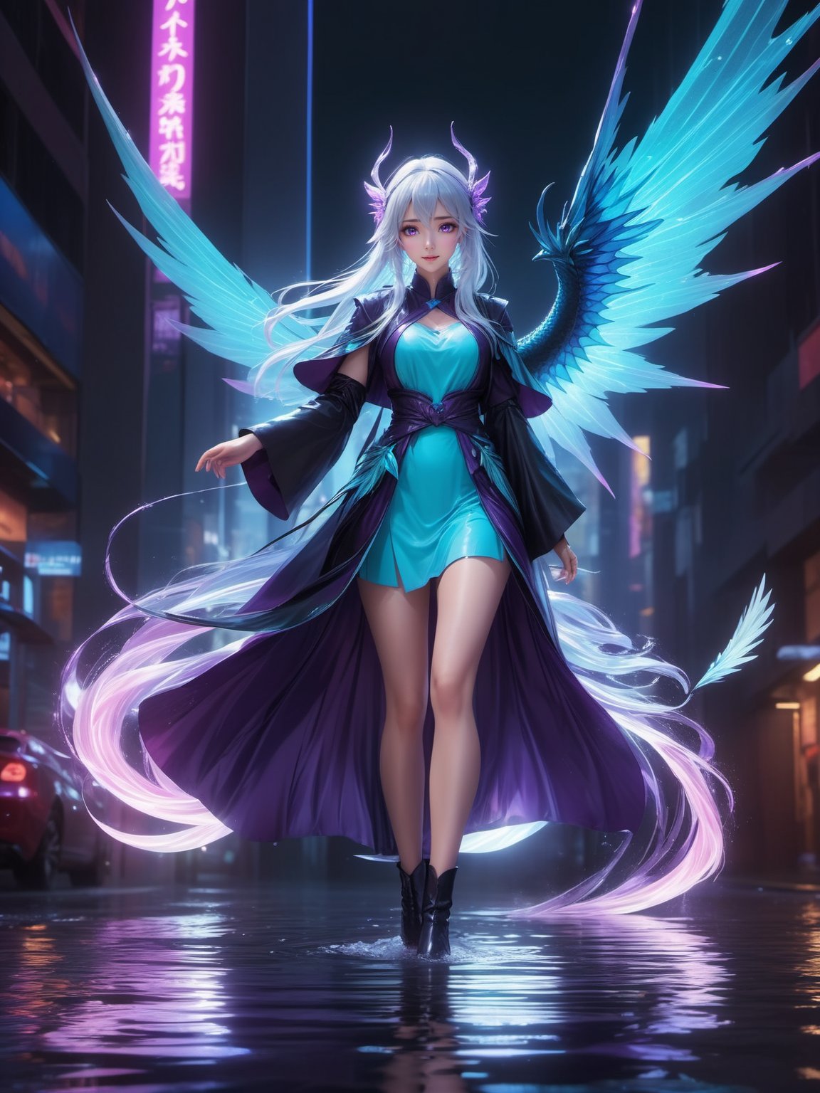 1girl, seraph, dragon wings, multiple wings, large wings, multiple halos, head fins, bird ears, dragon tail, aqua glowing wings,standing, eye trail, attack trail, magic circle,white hair, absurdly long hair, parted bangs, curtained hair, widow's peak, hair flaps, thick eyebrows, aqua eyes, shiny hair, shiny skin, glossy skin, wet, wet hair,black ionian chiton, long skirt, narrow waist, sleeves past fingers, happy, looking at viewer, close-up, from side,dark, night, overcast, storm, rain, puddle, reflection,city, skyscraper, street, neon lights, glowing neon lights, glowing pink neon lights, glowing purple neon lights, iridescent, prismatic, highly detailed, cinematic lighting, cinematic color grading, ray tracing,(masterpiece, best quality:1.3),