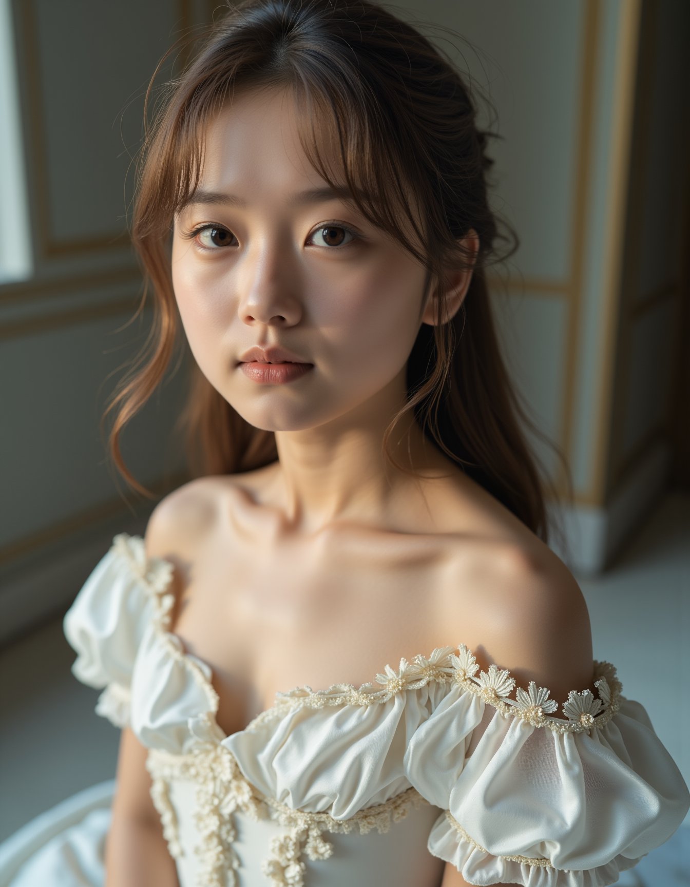 A best quality, masterpiece, ultra sharp photographic, raw photo of a girl dressed in an ornate white off-shoulder Rococo gown, embodying the elegance of 19th-century fashion. Her long brown hair flows gracefully over her shoulders, framing her shy face as she looks directly at the camera with a gentle, demure expression. The photo captures her at eye level, highlighting her delicate features and the subtle hint of cleavage visible through the intricate detailing of her gown. The setting is simple, with a clean background that keeps the focus on her. The shot is taken from a middle distance using a long-range lens, creating a professional cinematic feel with soft shadows and a subtle bokeh effect that blurs the background beautifully. Far side key lighting casts a soft, even glow on her, enhancing the balanced contrast and exposure, making every detail of her outfit and expression stand out. The overall composition exudes a timeless elegance, with the photograph perfectly capturing the blend of historical style and modern photography techniques, <lora:hinaFluxAsianMixLora_v2-rev4:0.9>