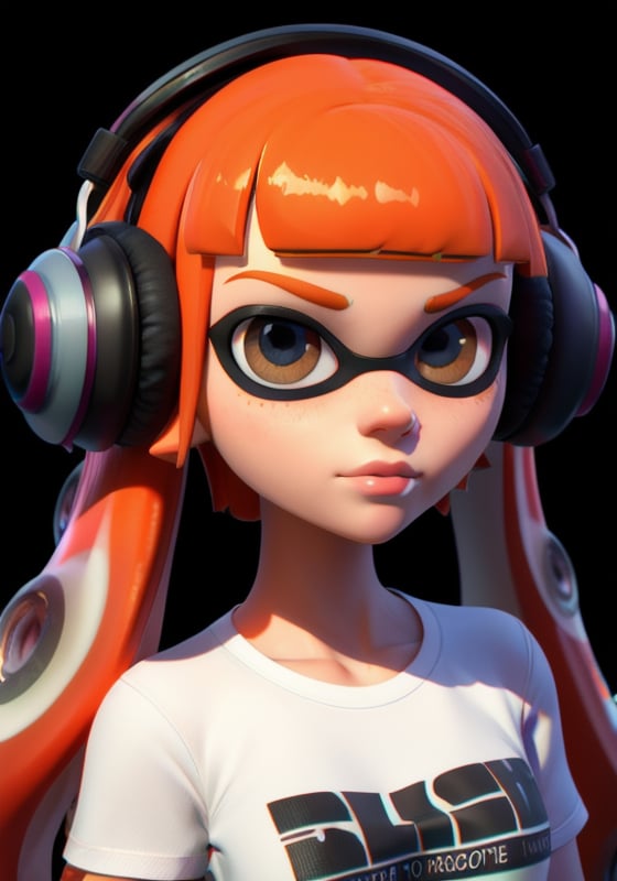 masterpiece, best quality, 3d, 1girl, solo, female focus, portrait, looking at viewer, expressionless, splatoon 1, inkling girl, <lora:Inkling_Girl_SPLAT1-10:0.6> inkgirl1, orange hair, long hair, bangs, tentacle hair, shirt, t-shirt, headphones, paint splatter background, black background, 