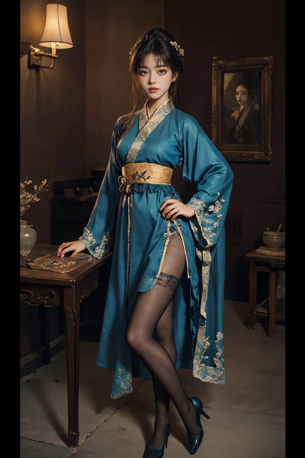 1gril,<lora:gufengZ_20240112225756-000018:0.8>,gufengZ,full body,hanfu,silk stockings,, (high quality), best quality, (4k), 8k, super detailed, (full detail), (masterpiece), (realistic), super detailed,(Exquisite details) ,intricate,