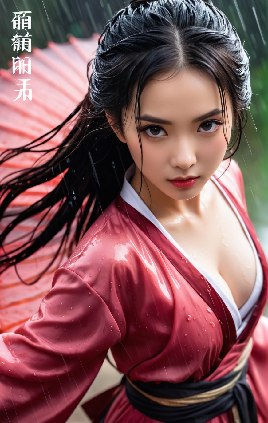 18 y.o beautiful girl and monster,transparent hanfu,masterpiece,best quality,eyes close-up,round face,(take the long sword:1.4),from_above,best fingers,facing viewer,magnificent,celestial,ethereal,painterly,epic,majestic,magical,fantasy art,cover art,dreamy,elegant,cinematic,background illuminated,rich deep colors,ambient dramatic atmosphere,creative,perfect,beautiful composition,intricate,detailed,ink and wash,soft backlight,traditional chinese characters,magazine cover,pink long upper shan,heavy rain,exaggerated dynamic posture,wet clothes,glaring,angry,wet_hair,(wet body:1.3),battle posture,petite,skinny waist,chibi,cleavage,(blood:1.4),from behind,