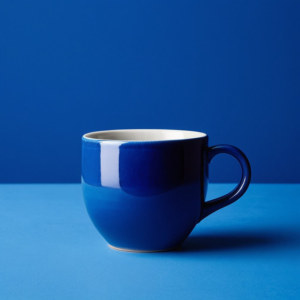 a ceramic coffee mug on a bold monochrome cobalt blue background,  color-drenched blue-on-blue styling,  soft even studio...