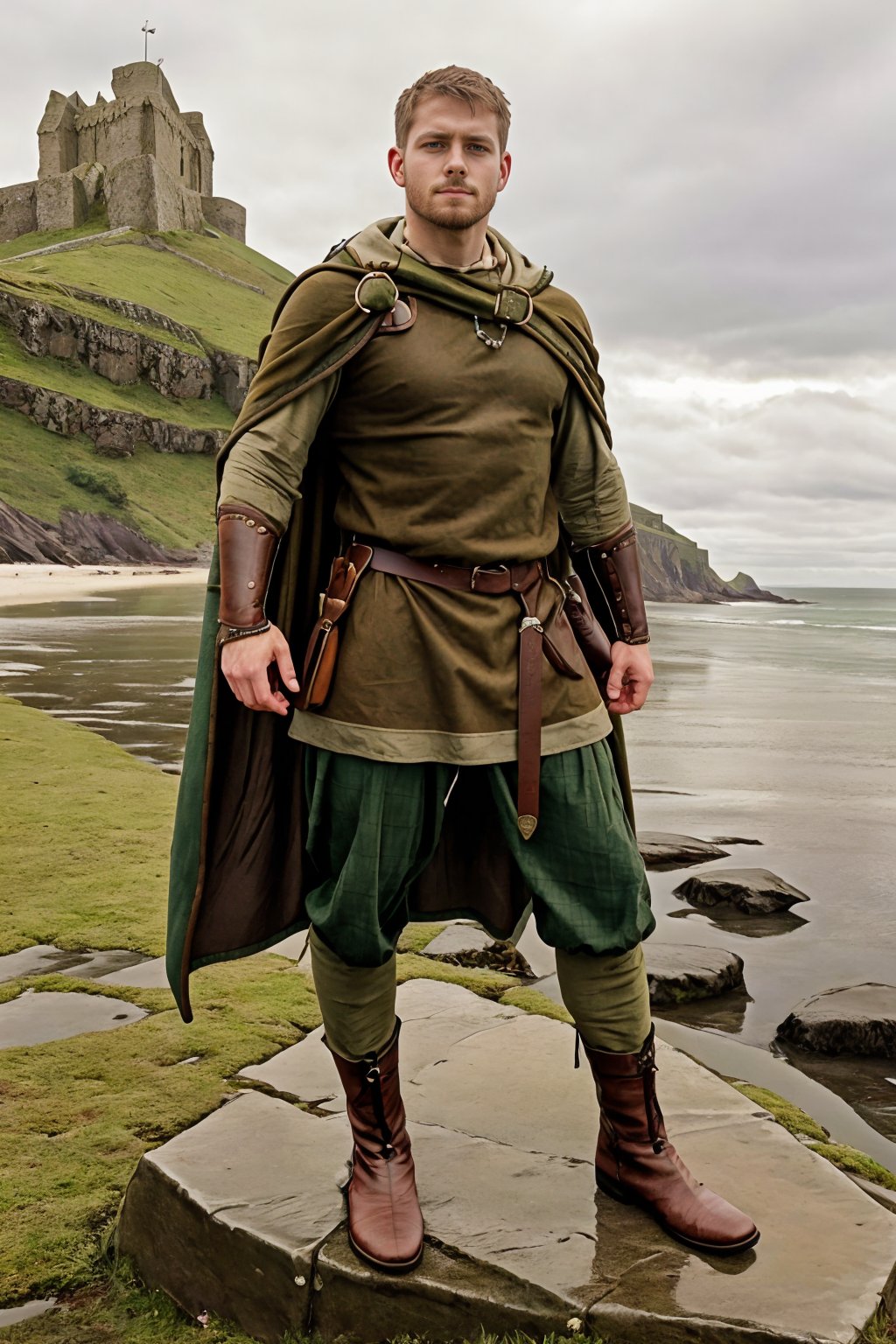 a beach,  Lindisfarne Castle on a hill in the background,  DeletablePurple by txhorn75 on Tensor.Art
